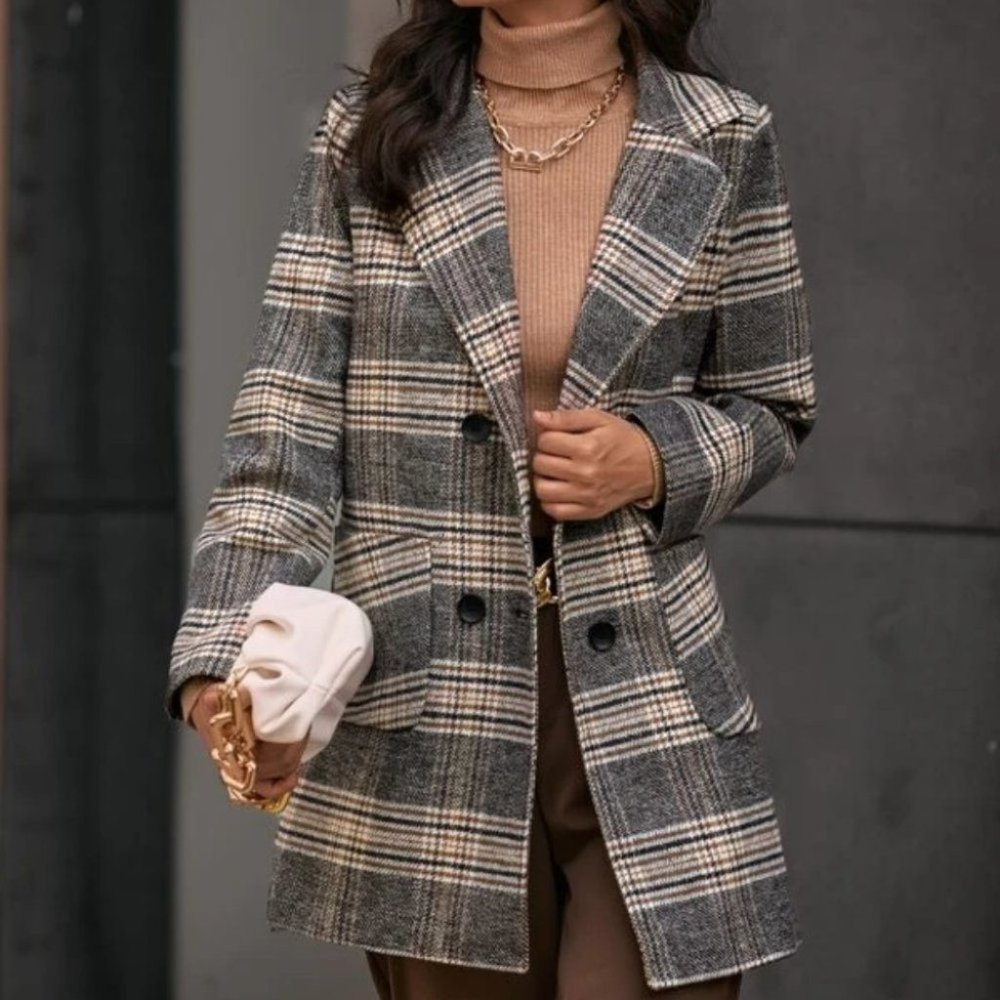 Classic Plaid Print double breasted Pea Overcoat jacket fall/winter - Picture 4 of 10